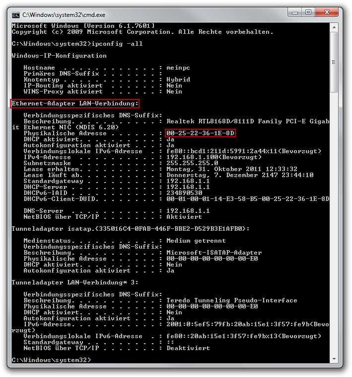  MAC-Adresse ermitteln unter Windows NT/2000/XP/Vista/7/8